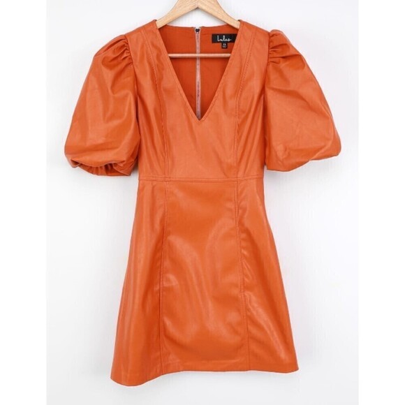 Lulus Play a Tune Size L Rust Orange Vegan Leather Puff Sleeve Mini Party Dress - Picture 5 of 12